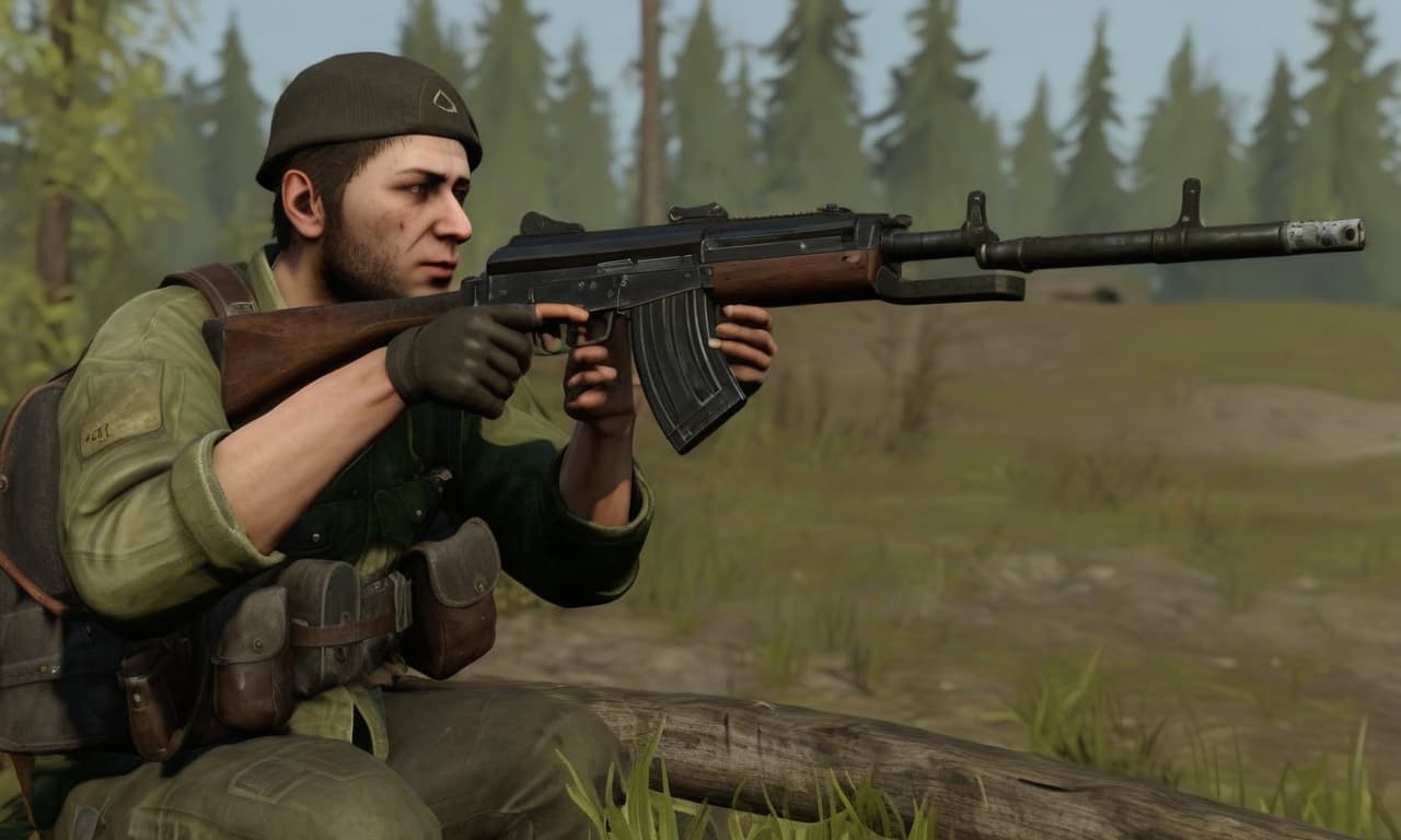  dayz stalker holds a kalashnikov rifle and looks into the distance