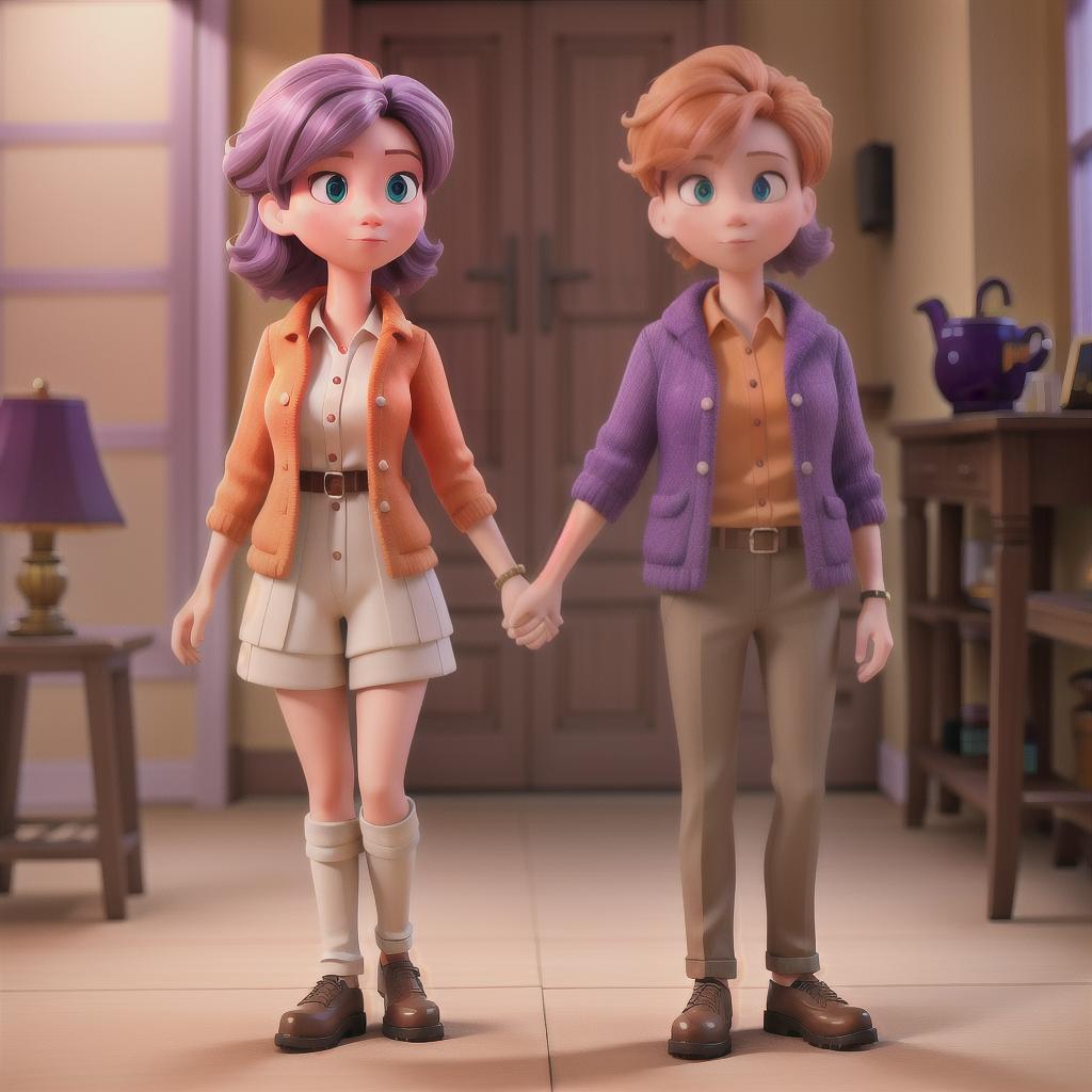  A orange haired girl holding hands with a shorter purple haired boy hyperrealistic, full body, detailed clothing, highly detailed, cinematic lighting, stunningly beautiful, intricate, sharp focus, f/1. 8, 85mm, (centered image composition), (professionally color graded), ((bright soft diffused light)), volumetric fog, trending on instagram, trending on tumblr, HDR 4K, 8K