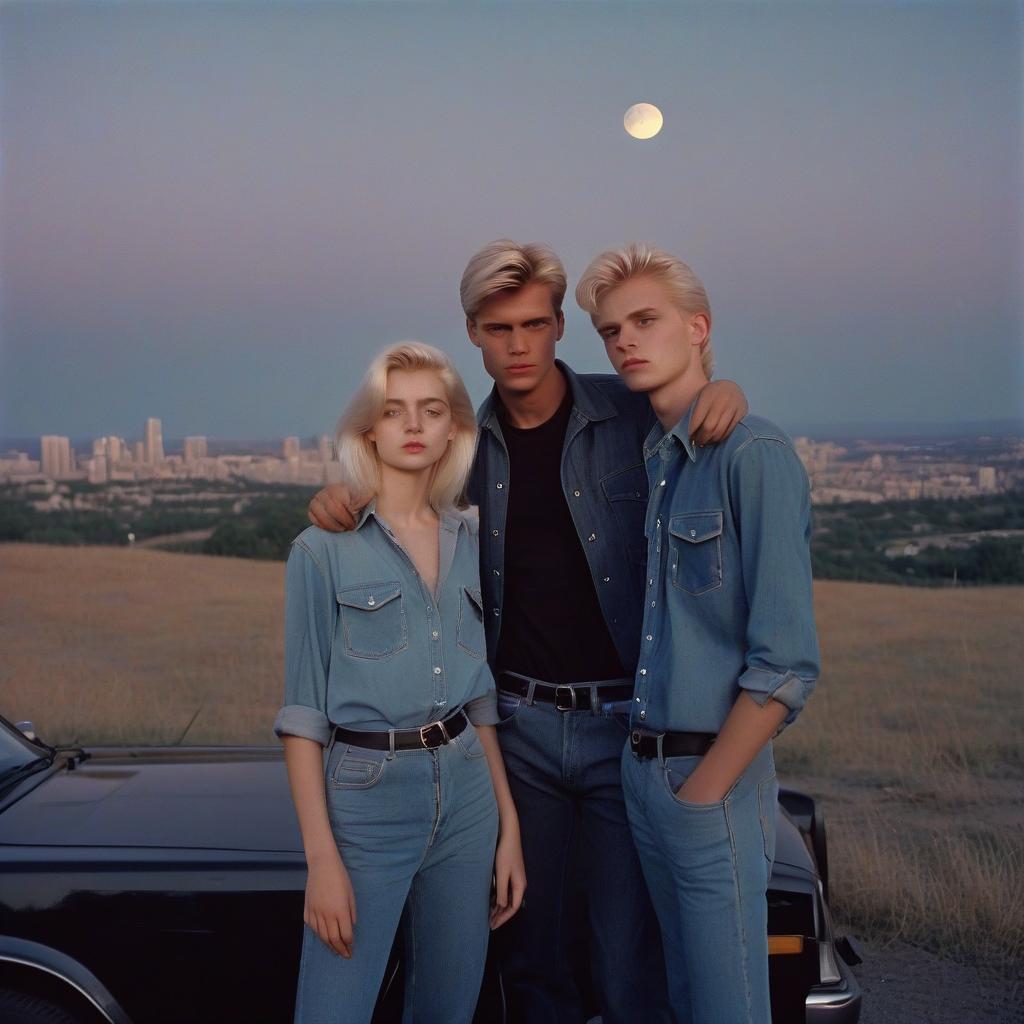  analog film photo a platinum blonde girl takes pictures on a polaroid in a black shirt and stands next to a blonde guy in a denim shirt, standing by a black car, a view from a hill, in the background the city, the time of dusk, a full light moon, the style of the 80 90s. . faded film, desaturated, 35mm photo, grainy, vignette, vintage, kodachrome, lomography, stained, highly detailed, found footage