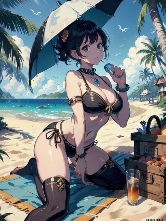  master piece, best quality, ultra detailed, highres, 4k.8k, Young , Lifting up her top, , BREAK A day at the beach, Seaside, Beach towel, umbrella, seashells, sand castle, BREAK Sunny and relaxing, Gentle breeze, sparkling water, warm sunlight, vint colors, piratepunkai,GemstoneAI
