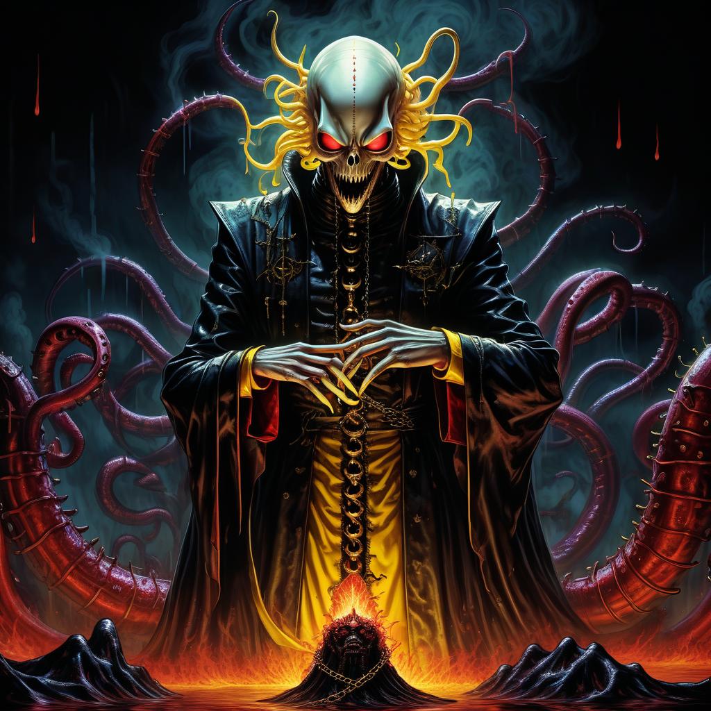  retro game art лавкрафт whisper giger hellraiser flesh eater demon lurking and eyeless white with red drops flowing black mucus in yellow smoke sharp claws and toothy mouths tentacles with wrapped around a thin body in beautiful priest robes sparks and a chain of fire horror anime hero . 16 bit, vibrant colors, pixelated, nostalgic, charming, fun