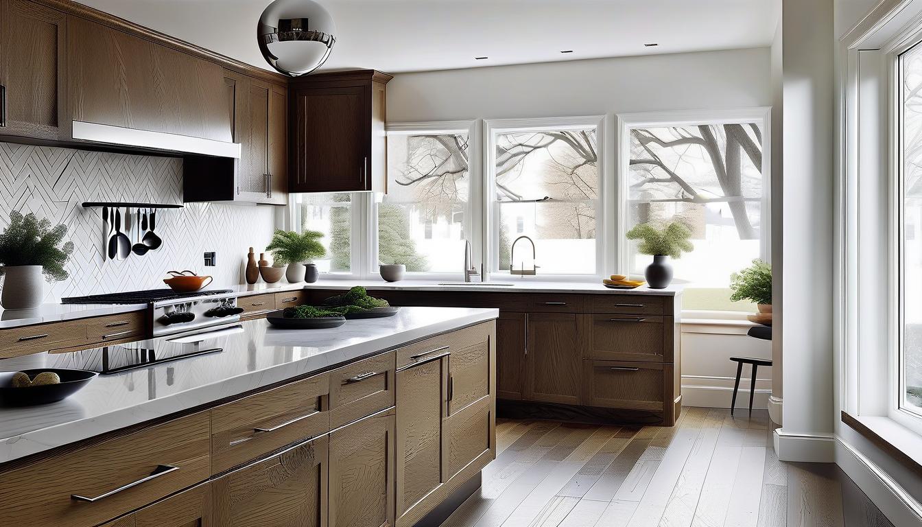  architectural style interior. kitchen. classic style. photo. white walls. one window. wide window. half oak cabinets. white. details chrome, dark oak. dining area by the window. . clean lines, geometric shapes, minimalist, modern, architectural drawing, highly detailed