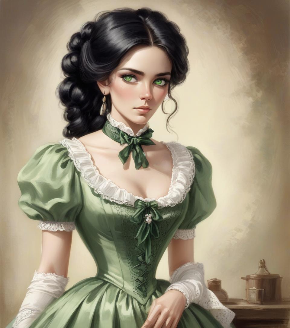  1875, southern lady, black hair, green eyes, feminine dress, wild west, wears her hair tied up, white victorian dress