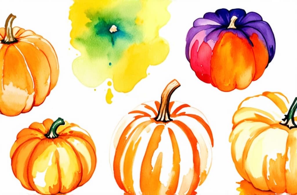  artwork pumpkins different colors and shapes on the white background ar 3:2, watercolor techniques, featuring fluid colors, subtle gradients, transparency associated with watercolor art