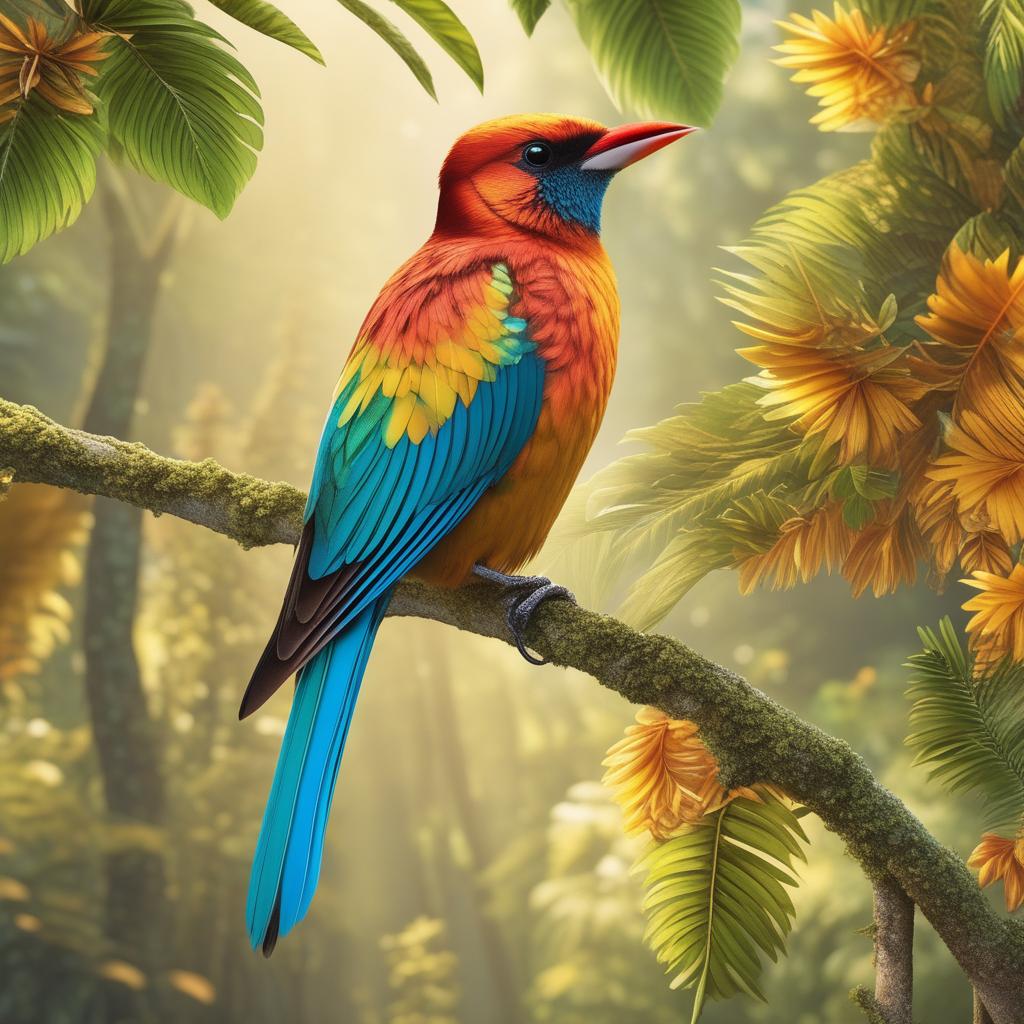  beautiful bird with golden and multicolored feathers, perched on a lush tree branch, majestic, vibrant, tropical, detailed feathers, shiny, reflective, bright colors, intricate patterns, exotic, sparkling eyes. hyperrealistic, full body, detailed clothing, highly detailed, cinematic lighting, stunningly beautiful, intricate, sharp focus, f/1. 8, 85mm, (centered image composition), (professionally color graded), ((bright soft diffused light)), volumetric fog, trending on instagram, trending on tumblr, HDR 4K, 8K