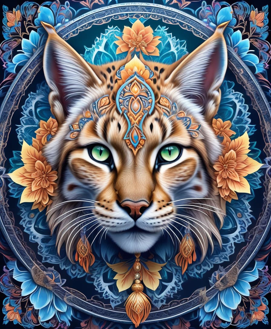  art nouveau style masterpiece, hdr 8k, digital image. conceptual art. (siberian lynx, majestic wildcat, powerful paws, flexible strong body, piercing feline eyes, sharp fangs, tassels on ears, hunted down prey, preparing to attack, appearing in ancient russian ethnic ornaments that make up a symmetrical mandala consisting of an endless forest, a wide flowing river and majestic mountains, the mandala is decorated with a fantastic ice pattern). abstract elements: stones, tree leaves, flowers. the effect of dissolving the natural shades of fur in sky waves. filigree finishes, mysterious neon glowing accents, intricate. stylization. neo rococo style. stylish, dynamic, atmospheric. background dissolving abstract patterns in the space:: vignett