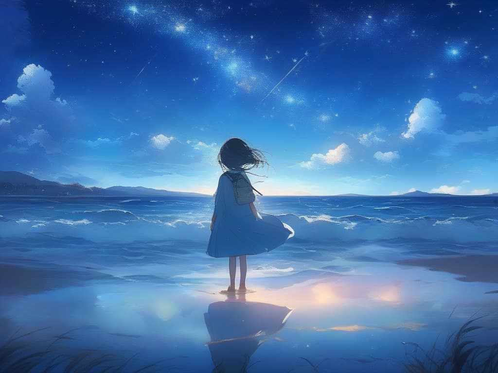  starry sky, sea, beach, small girl