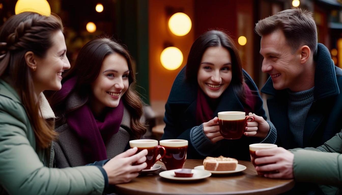  cinematic photo photographic image, autumn, friends: 3 men aged 40 and 3 women in a cozy cafe, they are cold, drinking hot mulled wine from cups, and talking, image detailing . 35mm photograph, film, bokeh, professional, 4k, highly detailed, perfect hands