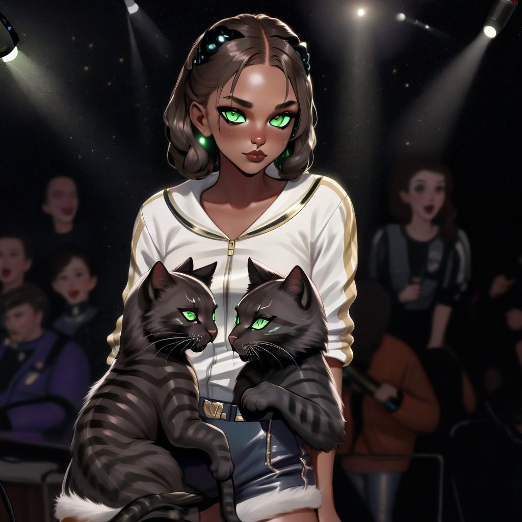  panther girl with dark green eyes, two furry striped cats, space, spotlights, view from the stage, audience, microphone, music, royal grace,