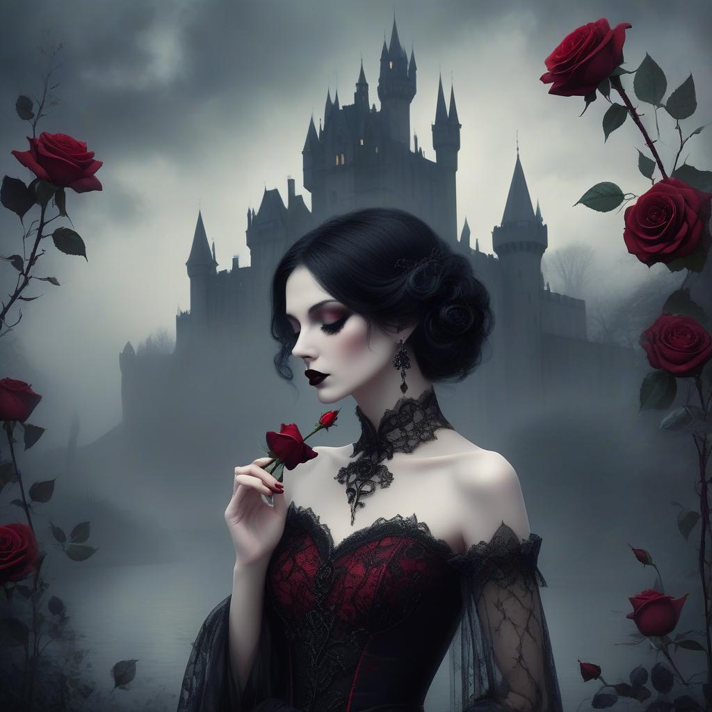  a gothic styled woman holds a rose to her nose against a misty castle backdrop, exuding mystery and elegance. a gothic woman with dark, styled hair leans in to touch a black rose with deep red accents, her eyes closed in contemplation. she wears intricate lace attire, complete with lavish earrings. the background features a misty, ethereal landscape with faint, shadowy castle silhouettes, enveloped in greenish hues, enhancing the mysterious atmosphere.