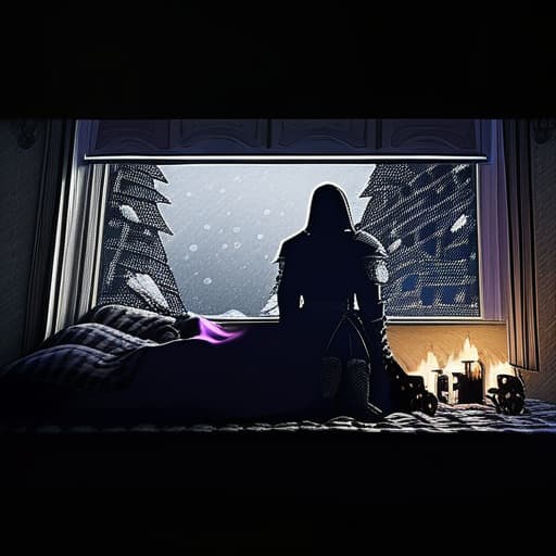  knight on the bed dark fantasy fireplace window snowfall