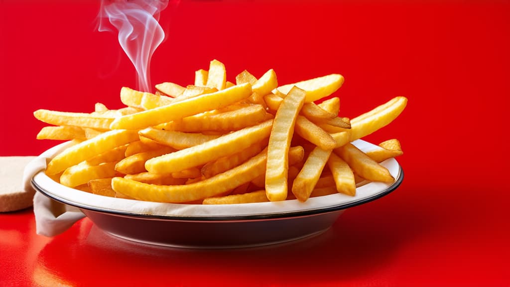  french fries with steam on red background ar 16:9 {prompt}, maximum details