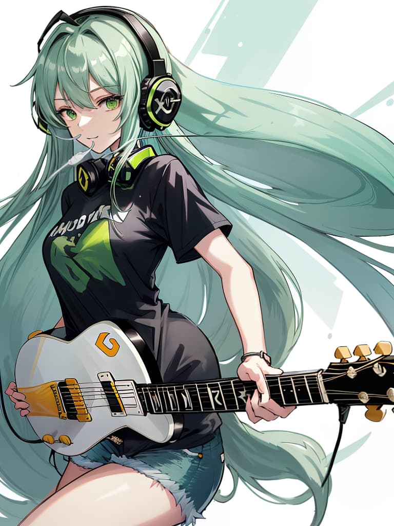  (white background:1.3),(extremely detailed fine touch:1.3),(hard light,studio light,light rays,dappled light,reflection,shadows,ray tracing:1.0),///,,(((green very long hair:1.3))),headphone,forehead,having a bird's eye view,anime style,super fine ilration,highly detailed,dynamic angle,beautiful detailed,8k,on stage break a woman,(((headphone:1.3))),on both ,strumming an electric guitar. she arches her back,closes her eyes and looks joyful. break a spotlight shines on her,(t shirt:1.3),(denim shorts:1.3),(black les paul custom:1.3)