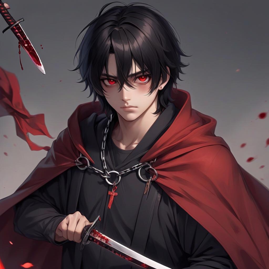  a black haired guy about 17. in a cloak on an iron chain clasp. a slight paleness. brown eyes. he has a katana weapon with a blood red blade