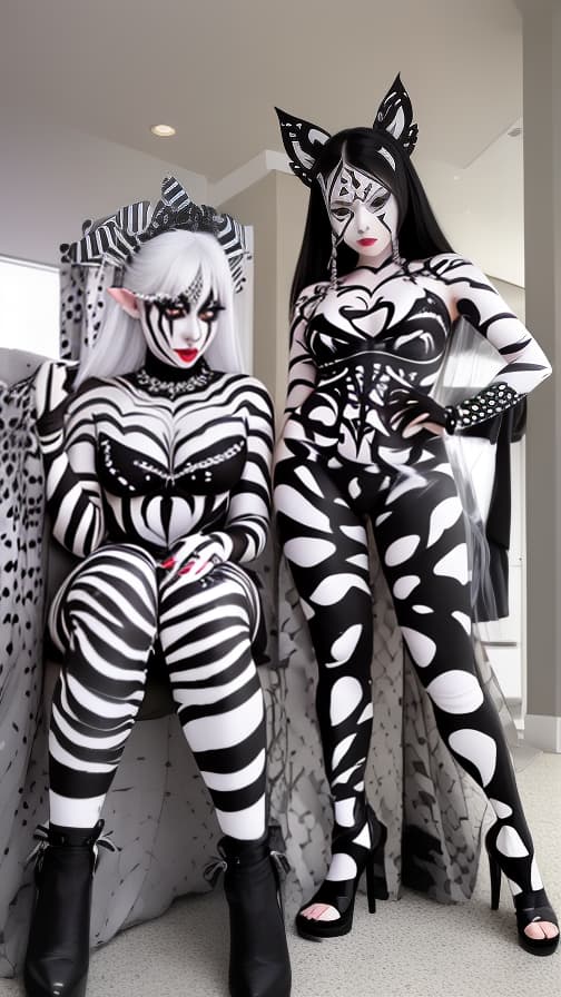  Black and White Spider-patterned body paint in every corner of the whole body, full-body, silver body paint, White face paint on the face,Two Dark elfs 女性