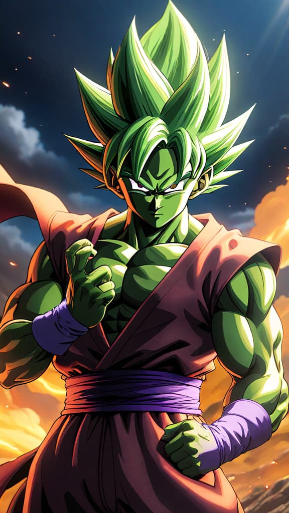  anime art: piccolo fusing with nail and kami, unlocking immense power surpassing goku's super saiyan forms. hyperrealistic, full body, detailed clothing, highly detailed, cinematic lighting, stunningly beautiful, intricate, sharp focus, f/1. 8, 85mm, (centered image composition), (professionally color graded), ((bright soft diffused light)), volumetric fog, trending on instagram, trending on tumblr, HDR 4K, 8K