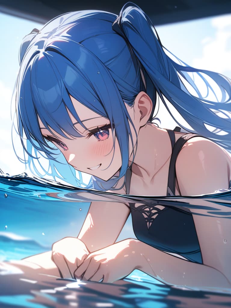  twin tails, blue hair, swimwear, loli, swimming, smile, masterpiece, best quality,8k,ultra detailed,high resolution,an extremely delicate and beautiful,hyper detail