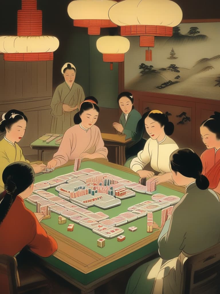  women,around a mahjong table,playing mahjong,