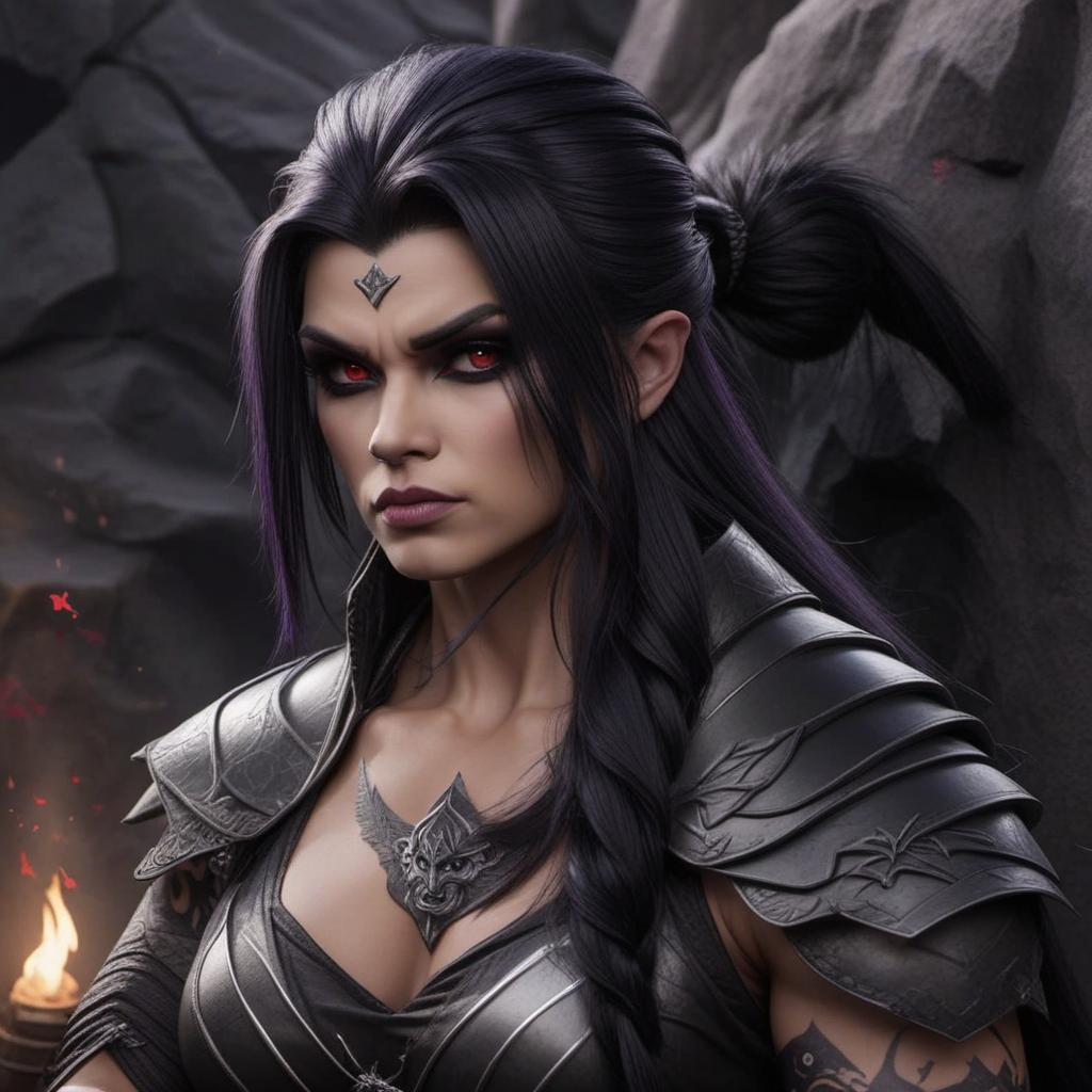  half orc, black hair, viking hairstyle, red purple eyes, gothic, muscle’s, face scars, face tattoo, female, mythological style