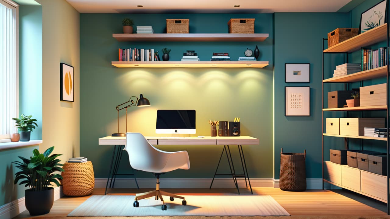  a sleek home office featuring a minimalist desk with a stylish ergonomic chair, organized shelves with decorative storage boxes, a calming color palette, and ambient lighting creating an inspiring workspace atmosphere. hyperrealistic, full body, detailed clothing, highly detailed, cinematic lighting, stunningly beautiful, intricate, sharp focus, f/1. 8, 85mm, (centered image composition), (professionally color graded), ((bright soft diffused light)), volumetric fog, trending on instagram, trending on tumblr, HDR 4K, 8K