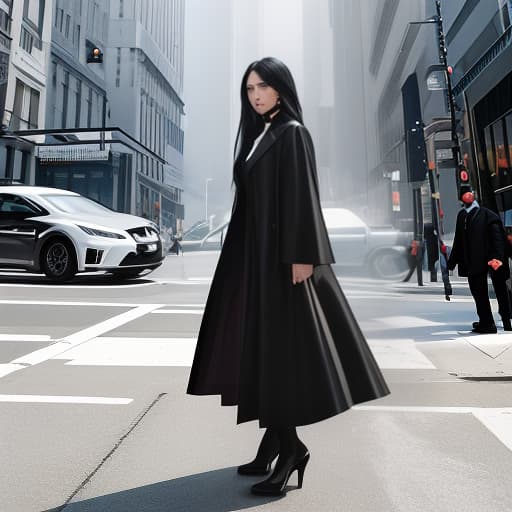  A woman with long hair and a black jacket is looking at the camera. Apply the Following Styles 3Drenderer hyperrealistic, full body, detailed clothing, highly detailed, cinematic lighting, stunningly beautiful, intricate, sharp focus, f/1. 8, 85mm, (centered image composition), (professionally color graded), ((bright soft diffused light)), volumetric fog, trending on instagram, trending on tumblr, HDR 4K, 8K