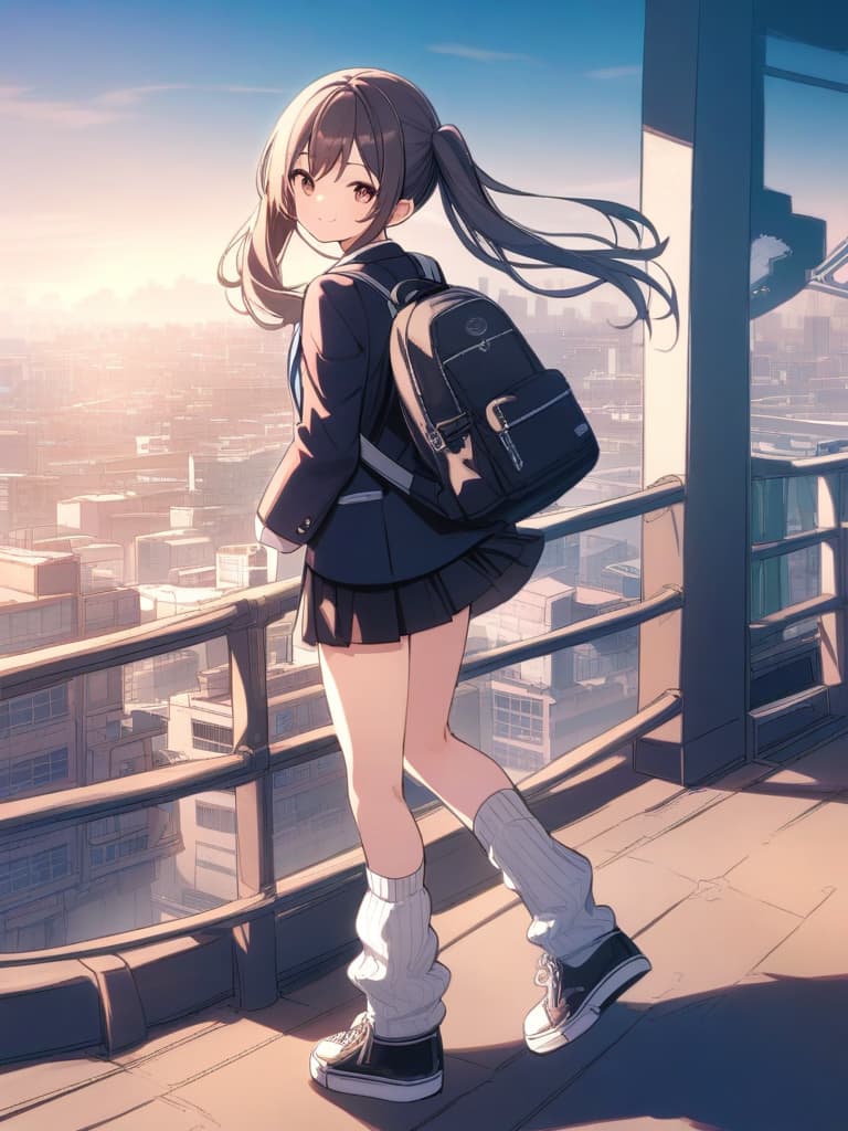  junior high s, blazer, tie, mini s, twin tails, cute smiles, backpacks, ultra long loose socks, bottom sneakers, city landscape,