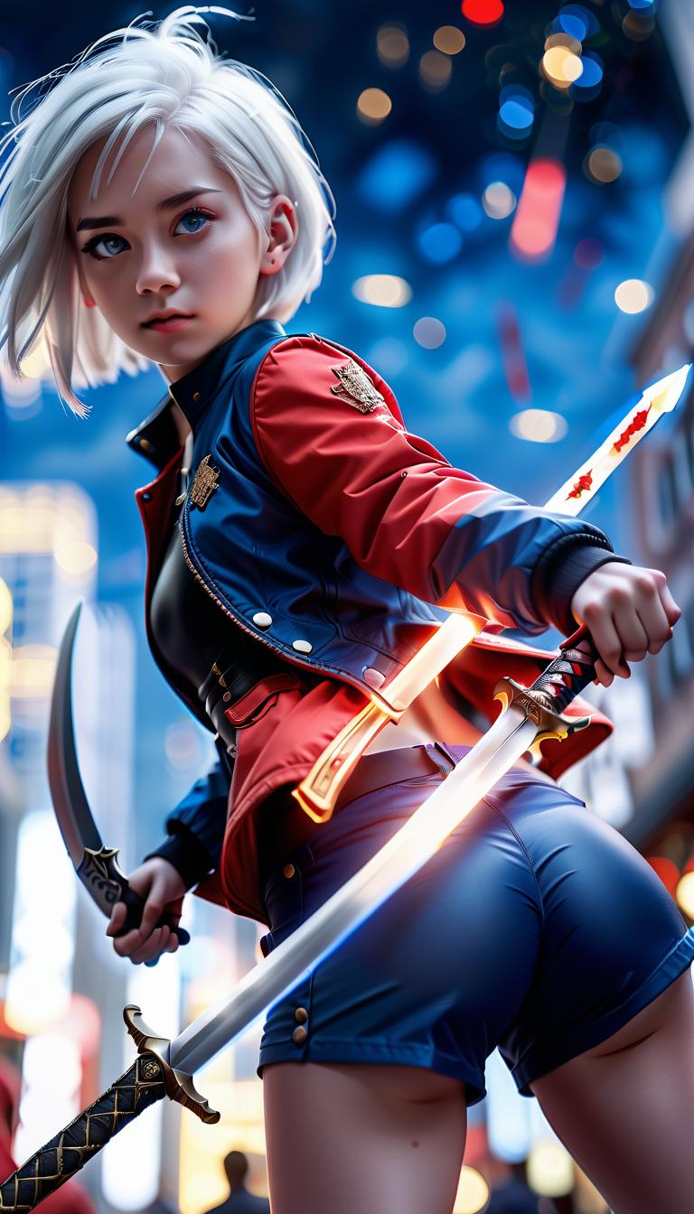  cinematic photo behind, the view from below, the girl with the sword, white hair, short hair, red top, blue jacket, black shorts. . 35mm photograph, film, bokeh, professional, 4k, highly detailed, perfecteyes, glowneon