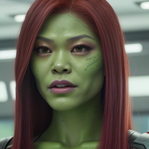  (Jennie Kim: 100) a close up of a woman with red hair and green makeup, gamora, zendaya as she-hulk, zoe saldana, green skinned, in avengers movie, still from marvel movie, beautiful android woman, from guardians of the galaxy, marvel movie still, beautiful crying! android woman, she - hulk, skin painted with green, from a marvel movie, green skin