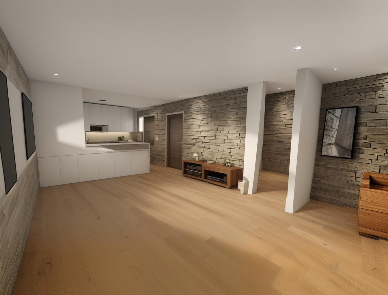  generate a photorealistic rendering of a modern living room with a combination of wooden floors and a stone accent wall. include sleek, contemporary furniture to contrast with the natural materials, creating a sophisticated yet comfortable atmosphere.