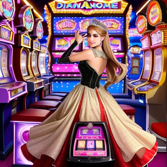  the princess is wearing a diamond studded evening dress with a slot machine arcade in the background