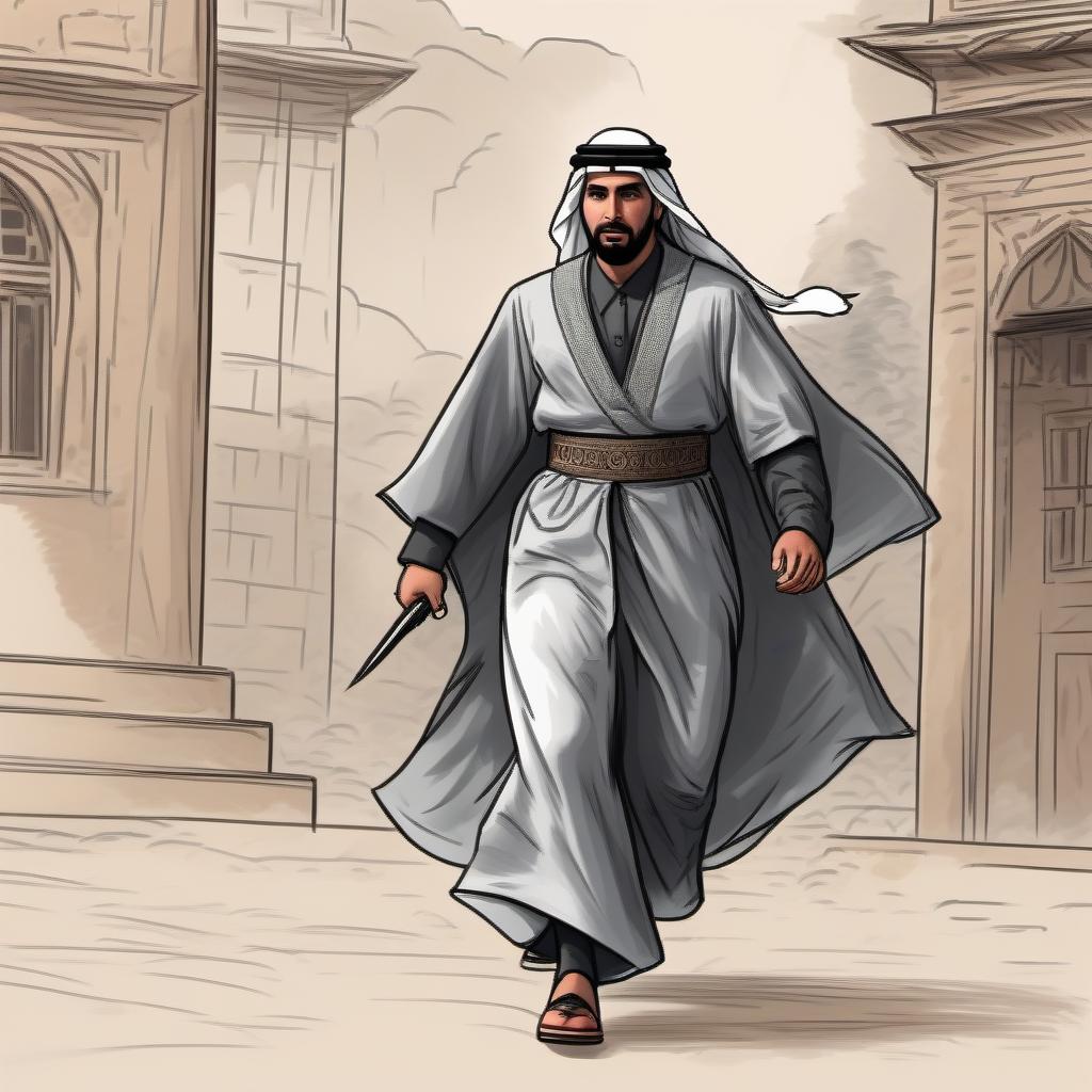  Draw a scared Arab in traditional clothes running away from an evil pager, on the background there is a huge figure of a Jew in traditional clothes, the transparency of a Jew is 30%.