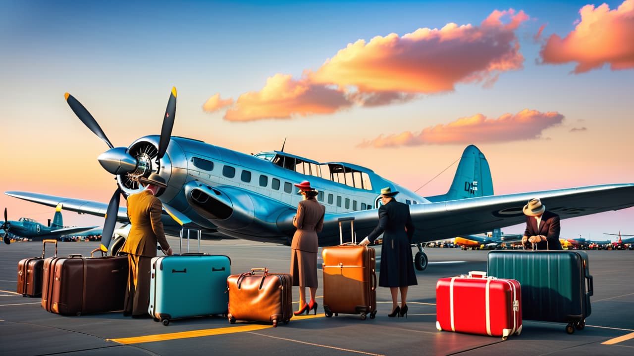  a vintage scene of bustling 1940s airport terminal, passengers in period clothing, classic propeller airplanes on the tarmac, luggage being loaded, and a bright blue sky above, conveying the dawn of commercial aviation. hyperrealistic, full body, detailed clothing, highly detailed, cinematic lighting, stunningly beautiful, intricate, sharp focus, f/1. 8, 85mm, (centered image composition), (professionally color graded), ((bright soft diffused light)), volumetric fog, trending on instagram, trending on tumblr, HDR 4K, 8K