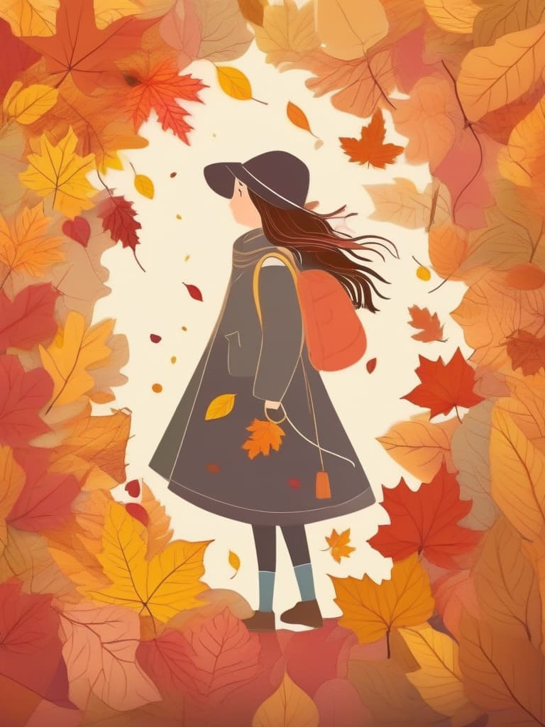  masterpiece,flat color,stamp art,girl shaped by autumn leaves,colorful,multicolored autumn leaves,lines of autumn leaves