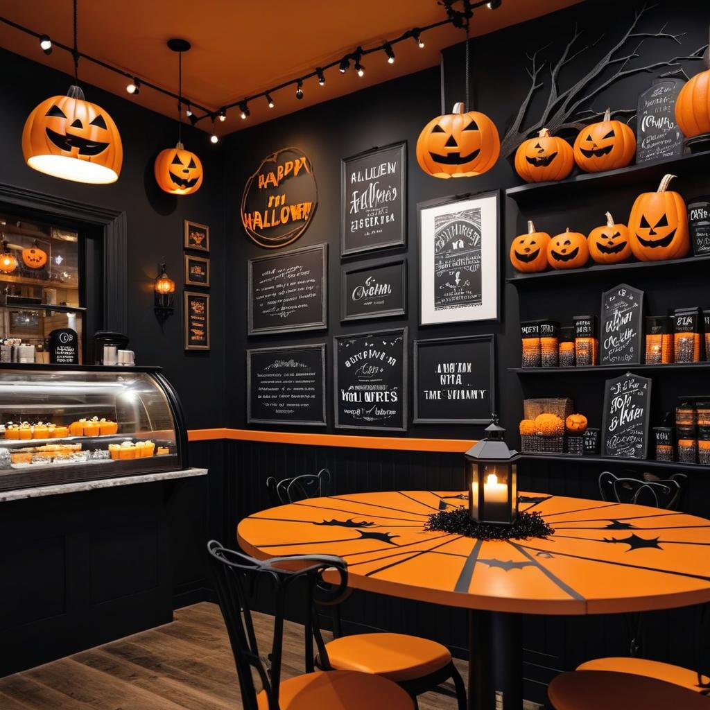  inside coffee shop in the city decorated with halloween decor at night