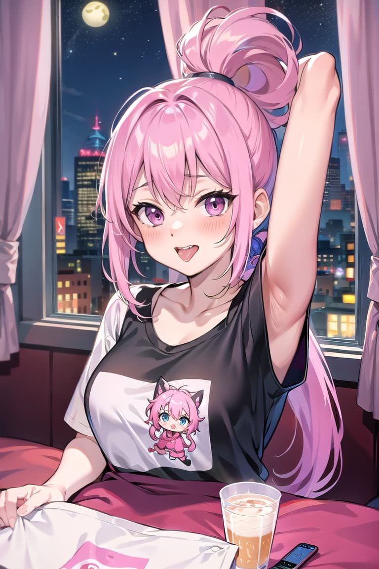  r 18, , middle , pink haired ,ponytail,large eyes,t shirts, , tongue,,dim, night ,love hotel