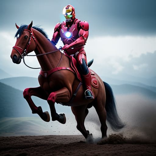  ironman riding a red horse hyperrealistic, full body, detailed clothing, highly detailed, cinematic lighting, stunningly beautiful, intricate, sharp focus, f/1. 8, 85mm, (centered image composition), (professionally color graded), ((bright soft diffused light)), volumetric fog, trending on instagram, trending on tumblr, HDR 4K, 8K