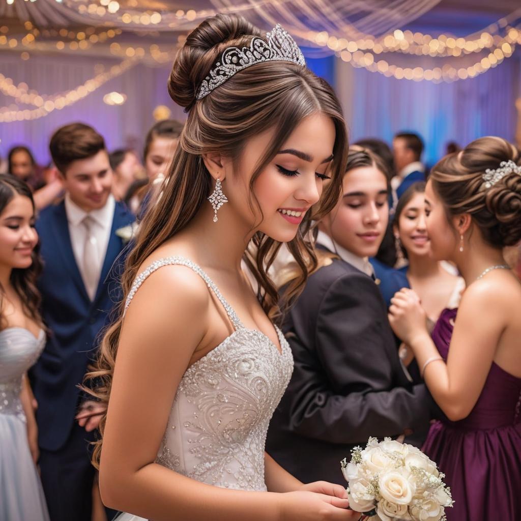  a girl with brown hair and white highlights at her quince dancing with a picture while crying, award winning, professional, highly detailed, masterpiece