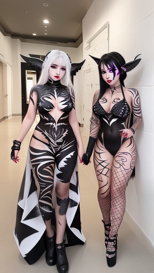  Black flame pattern body paint in every corner of the whole body, White body paint full body, Grey face paint on the face, two succubus sisters, full body image Girl