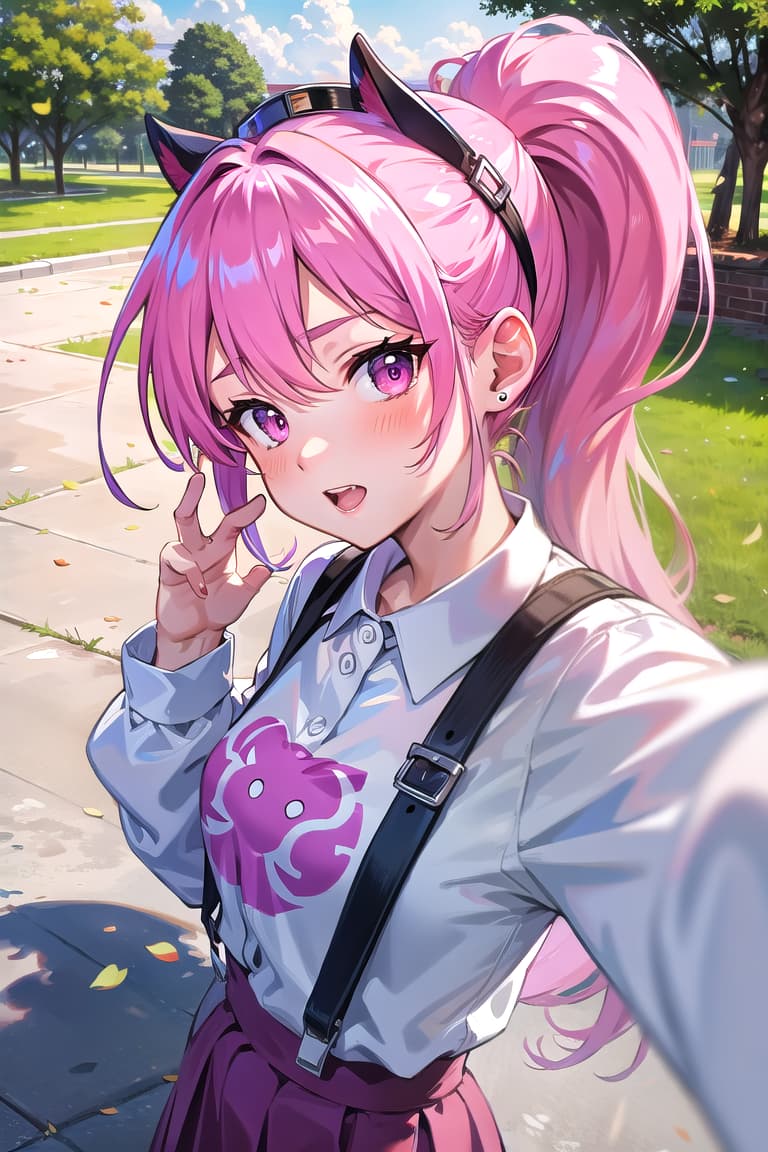  r 18, , middle , ,random situation, pink haired ,ponytail,large eyes,selfie in park