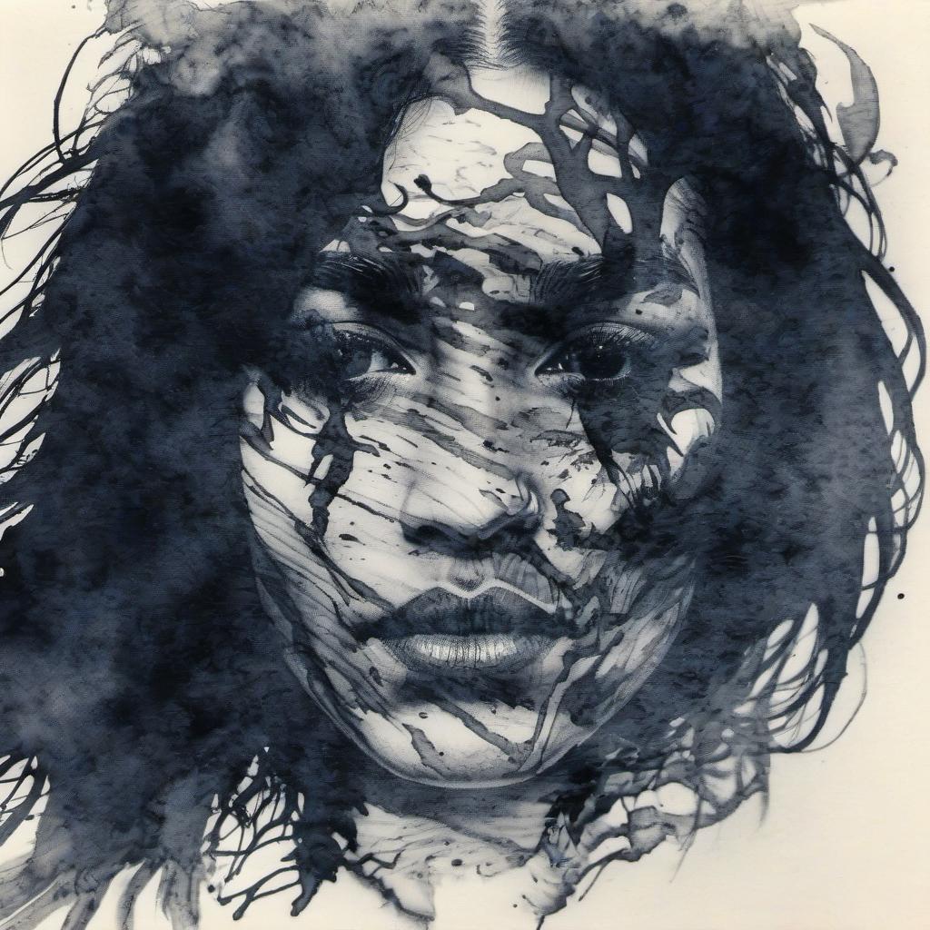  the face of the woman. raven. ink drawing. double exposure, film photography style