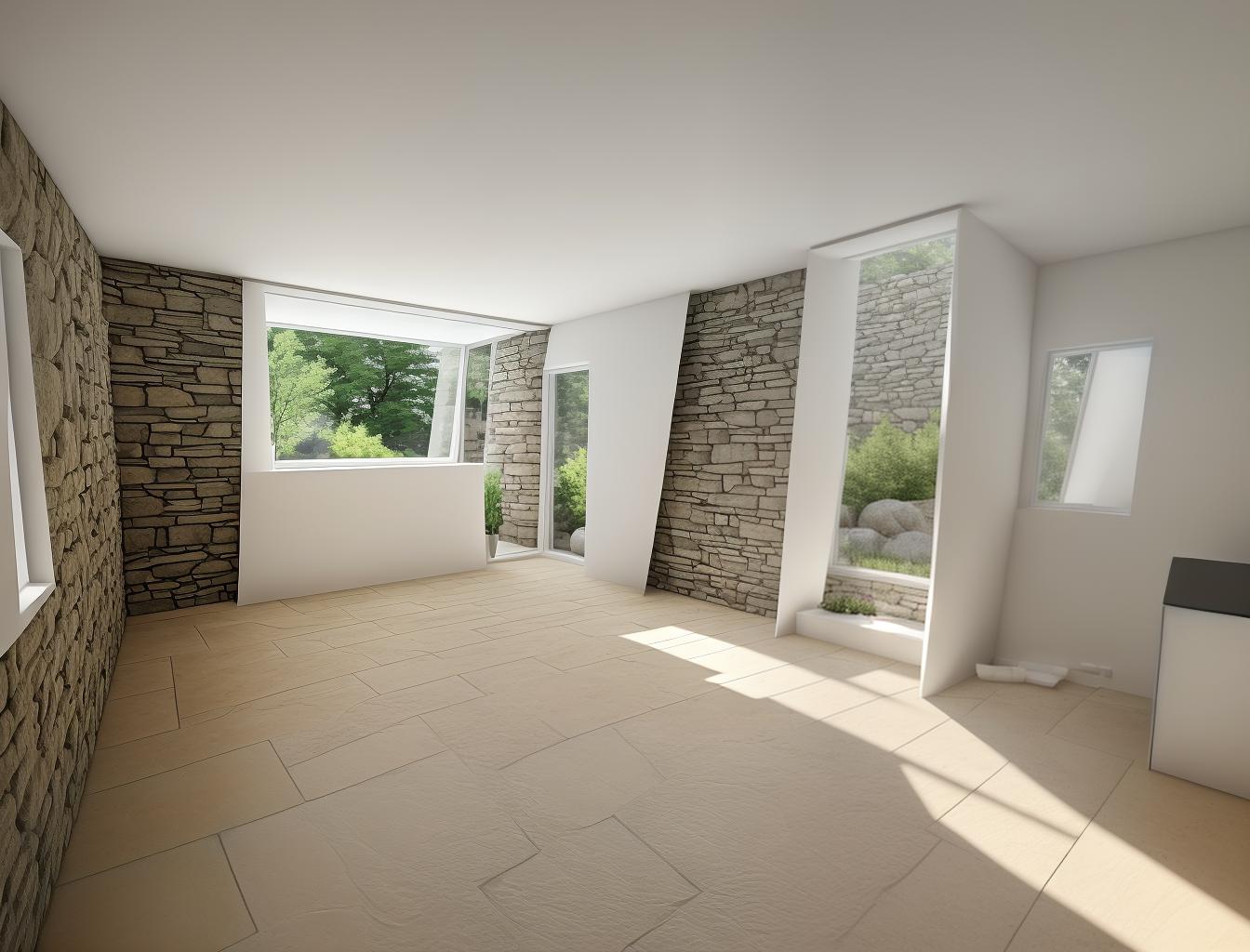  create a photorealistic image of a minimalist room with a stone wall and a large window. the stone wall should add texture and depth to the clean, modern design, while the window brings in natural light, enhancing the room's airy feel.