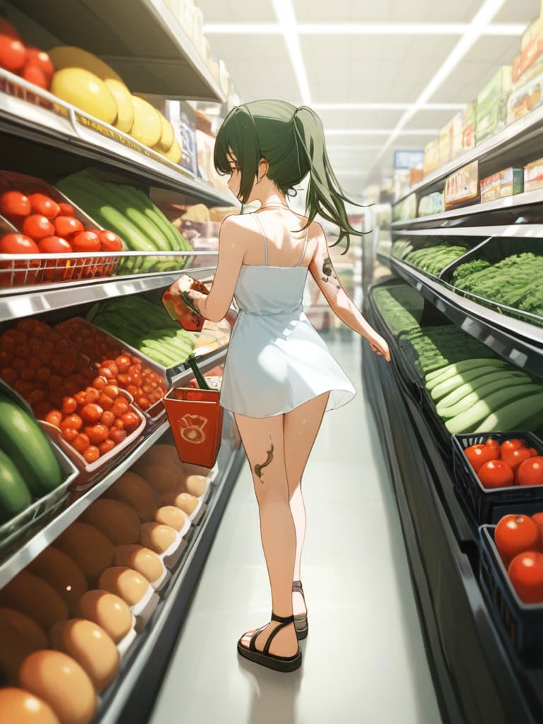  with tomatoes, blonde ponytails, white headphones, snakes on the legs, whole body, walking figure, girls on their arms, girls wearing white dresses, shopping carts, pressing shopping carts, gestures, shopping carts. is contained eggplant and celery, a small wing tattoo on the back, a tattoo on the upper arm, a snake tattoo on the thigh, a snake tattoo on the ankle, a thick bottom sandals, in front of the cash register., masterpiece, best quality,8k,ultra detailed,high resolution,an extremely delicate and beautiful,hyper detail