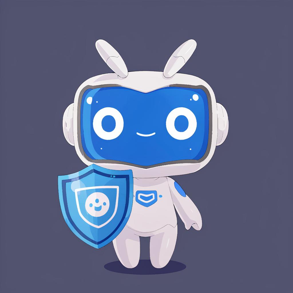  a white cute robot with blue face take a blue shield,a clean and crisp anime illustration with bold outlines, smooth shading,cell shaded, crisp ,flat colors, and a minimalistic background.