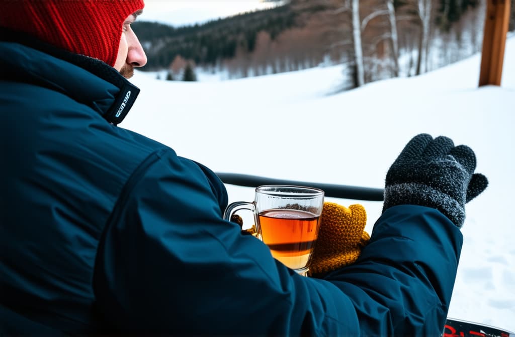  professional detailed photography, close up of snowboarder sitting in rest area on slope with glass of hot tea in hand wearing mittens ar 3:2, (muted colors, dim colors, soothing tones), (vsco:0.3)