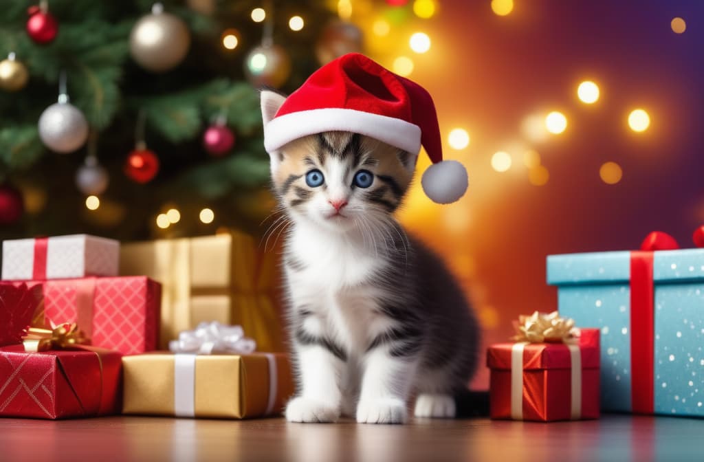  A kitten in a Santa Claus cap picks out a box of a beautifully packaged gift against the background of a New Year tree and colorful gifts. ar 3:2 high quality, detailed intricate insanely detailed, flattering light, RAW photo, photography, photorealistic, ultra detailed, depth of field, 8k resolution , detailed background, f1.4, sharpened focus