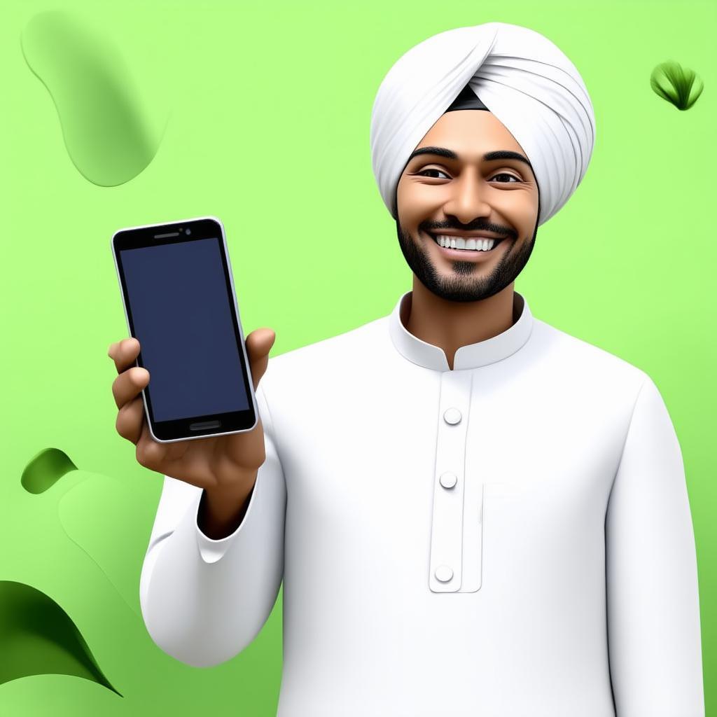  a 3d illustration of a happy indian farmer smiling and holding a smartphone in one hand, dressed in traditional white attire with a turban. the background features soft green tones with abstract shapes and elements, creating a modern, smooth, and professional look. the design is minimal, with rounded edges, soft transitions, and a clean white background. the overall style should be polished and suitable for website ui, with the green theme subtly integrated into the background shapes.