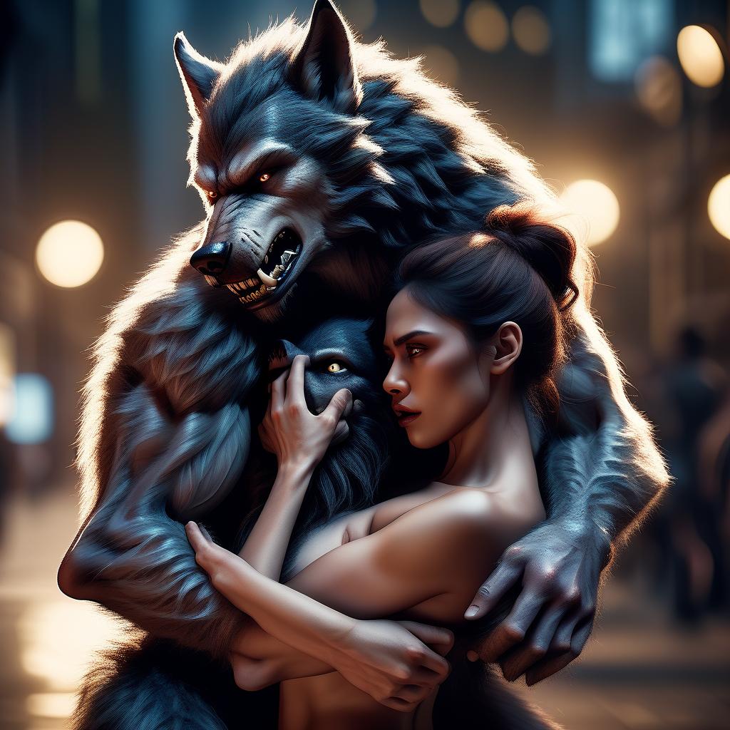  cinematic photo a strong and large werewolf, half wolf and half human, is carrying an unconscious, semi naked, sensual woman in his arms. . 35mm photograph, film, bokeh, professional, 4k, highly detailed, hkmagic