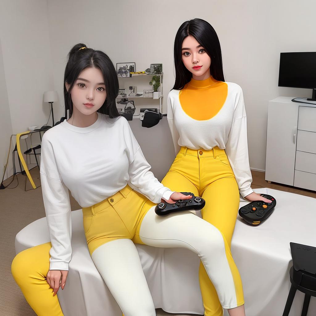  masterpiece, best quality, A very detailed photo of a cute young American with slightly cat-dyed hair with a gaze and black hair sitting in a comfortable room filled with gaming equipment such as controllers and consoles with dark lighting and yellow lights that fill the entireroom. The on the right side of the room. A with very white skin and a full body. The tried to lift her ocks. The is wearing a tight white shirt and very tight yellow hot pants. Her s look big and beautiful and stick out. Her look very beautiful and charming with a confident expression and naturally stylish dark hair. The lighting is warm, with orange and yellow glows surrounding the women, creating a soft