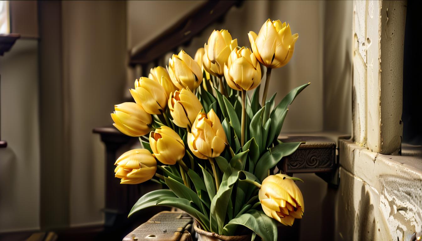  cinematic film still bouquet of yellow tulips on the stairs in the entrance . shallow depth of field, vignette, highly detailed, high budget, bokeh, cinemascope, moody, epic, gorgeous, film grain, grainy, civitai