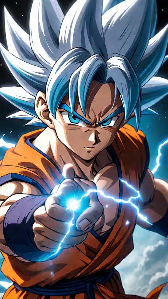  anime art: goku from dragon ball mastering ultra instinct and learning angelic techniques to surpass whis. hyperrealistic, full body, detailed clothing, highly detailed, cinematic lighting, stunningly beautiful, intricate, sharp focus, f/1. 8, 85mm, (centered image composition), (professionally color graded), ((bright soft diffused light)), volumetric fog, trending on instagram, trending on tumblr, HDR 4K, 8K